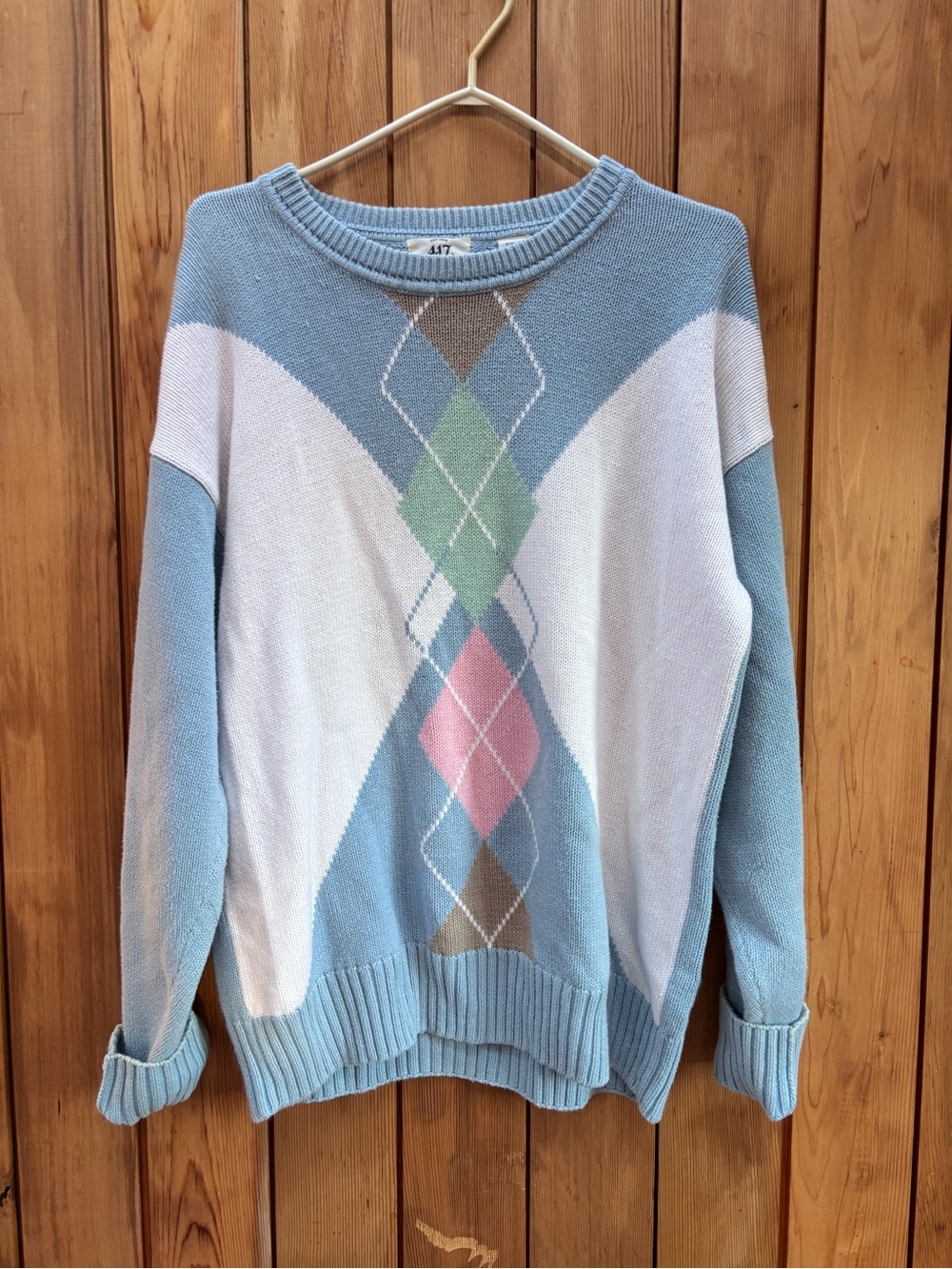 VTG Van Heusen 417 Pastel Argyle Colorblock Knit Sweater Blue Pink L Large